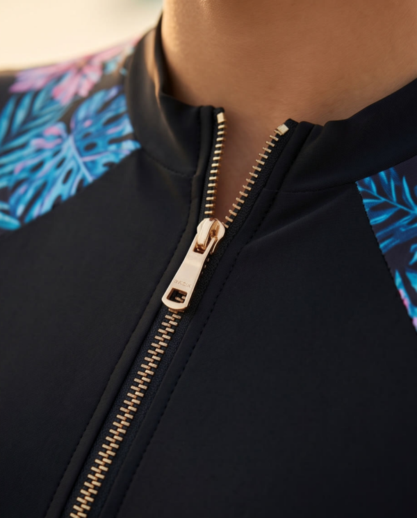 Black Zip-Front Burkini with Floral Sleeves
