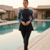 Black Zip-Front Burkini with Floral Sleeves