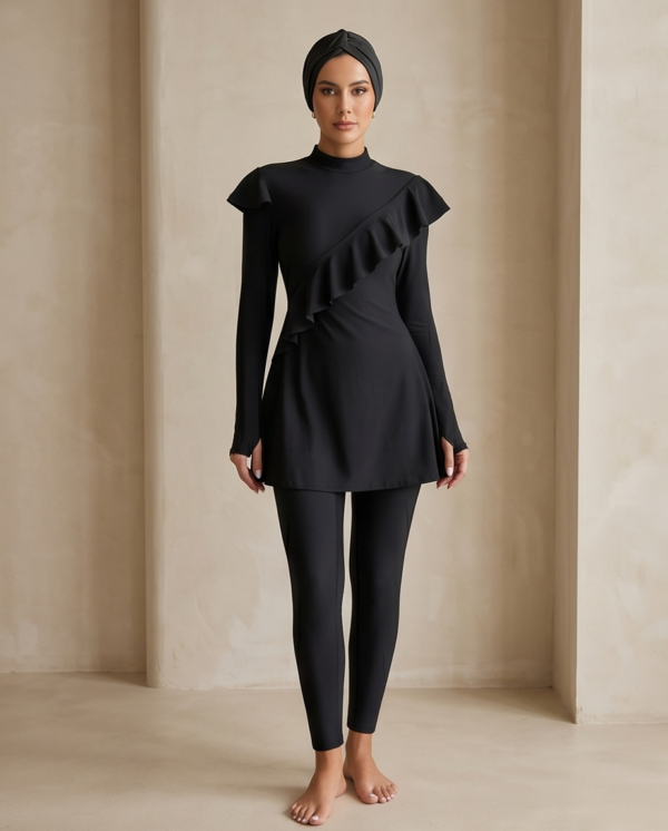 Black Ruffle Trim Full-Coverage Burkini Set