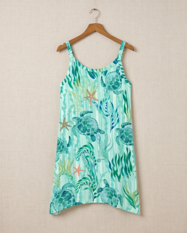 BS-CVR-003_2 Teal Sea Turtle Print Beach Coverup Dress