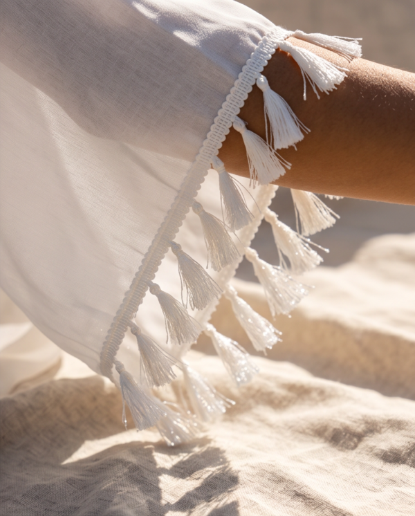 White Tassel Trim Kimono Beach Cover-Up