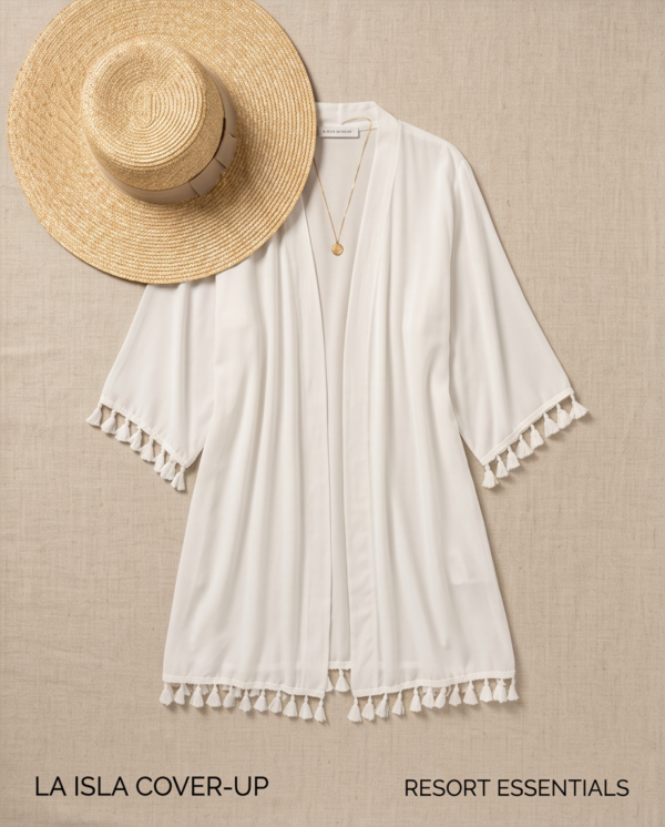 White Tassel Trim Kimono Beach Cover-Up