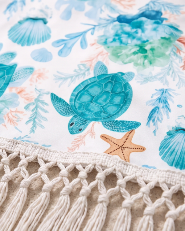 White Sea Turtle Print Fringe Hem Beach Coverup Dress