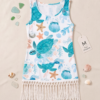 White Sea Turtle Print Fringe Hem Beach Coverup Dress