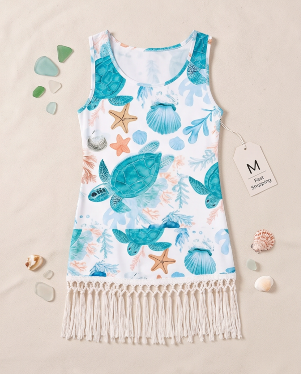 White Sea Turtle Print Fringe Hem Beach Coverup Dress
