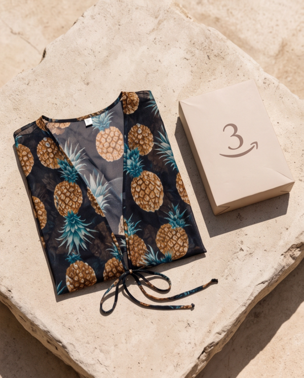 Black Pineapple Print Sheer Mesh Kimono Coverup