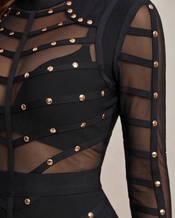 Black Studded Mesh Bandage Bodycon Dress