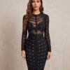 Black Studded Mesh Bandage Bodycon Dress
