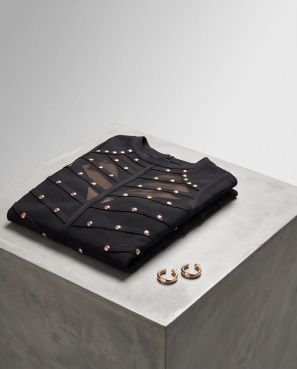 Black Studded Mesh Bandage Bodycon Dress