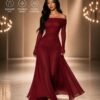 Burgundy Off-Shoulder Flowy Maxi Dress