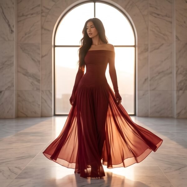 Burgundy Off-Shoulder Flowy Maxi Dress