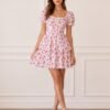 Pink Floral Puff-Sleeve Tiered Mini Dress