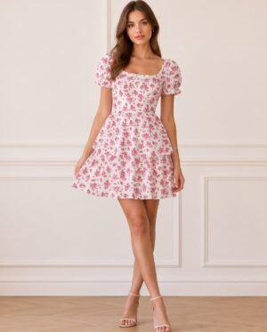 BS-DRS-003_1 Pink Floral Puff-Sleeve Tiered Mini Dress