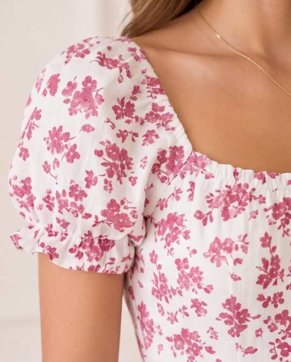Pink Floral Puff-Sleeve Tiered Mini Dress