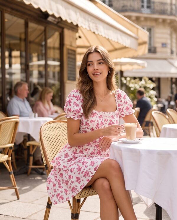 Pink Floral Puff-Sleeve Tiered Mini Dress