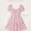 Pink Floral Puff-Sleeve Tiered Mini Dress