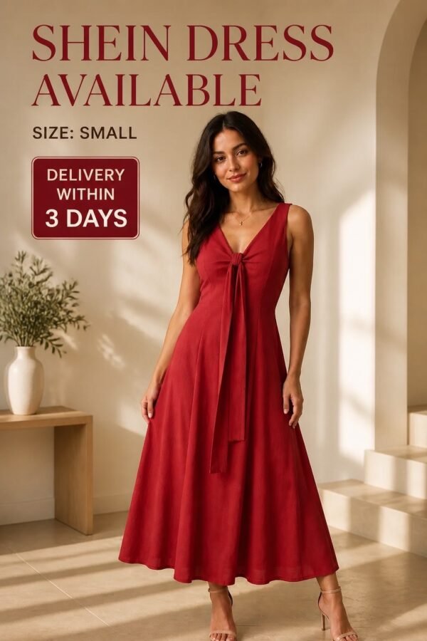 Red V-Neck Tie-Front Midi Dress