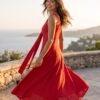 Red V-Neck Tie-Front Midi Dress