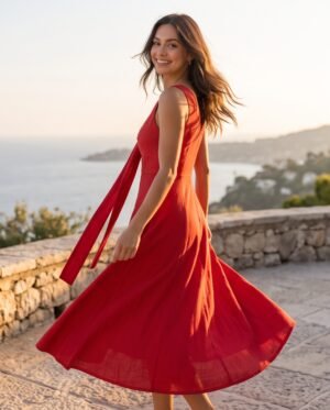 BS-DRS-004_3 Red V-Neck Tie-Front Midi Dress