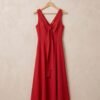 Red V-Neck Tie-Front Midi Dress