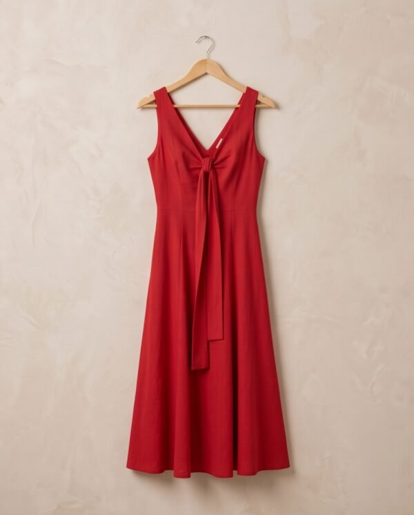 Red V-Neck Tie-Front Midi Dress