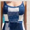 BS-DRS-006_2 Blue Denim Patchwork Print Bodycon Maxi Dress