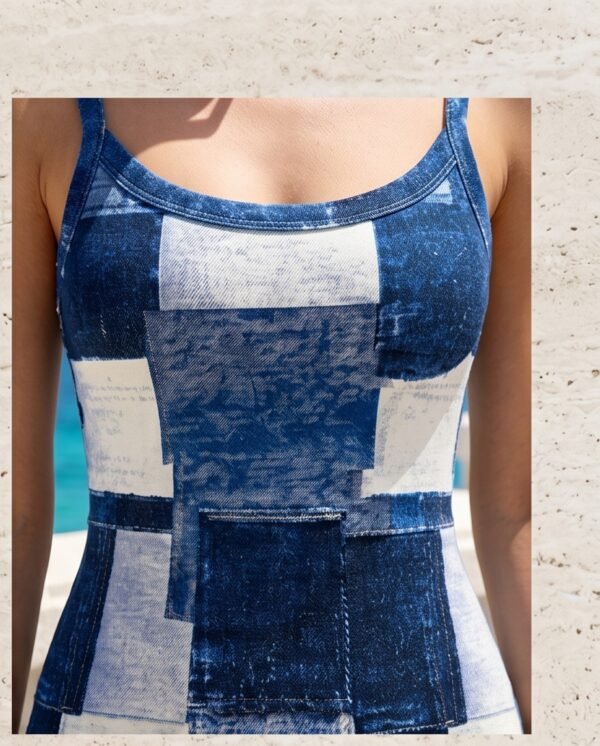 BS-DRS-006_2 Blue Denim Patchwork Print Bodycon Maxi Dress