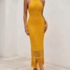 Mustard Yellow Crochet Halter Fringe Hem Maxi Dress