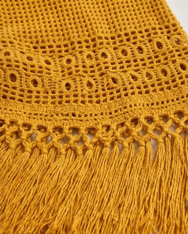 Mustard Yellow Crochet Halter Fringe Hem Maxi Dress