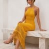 Mustard Yellow Crochet Halter Fringe Hem Maxi Dress