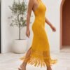 Mustard Yellow Crochet Halter Fringe Hem Maxi Dress