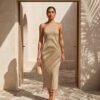 Beige Halter Knit Midi Dress with Tassel Hem