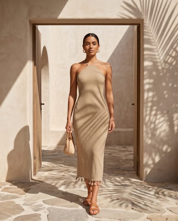 Beige Halter Knit Midi Dress with Tassel Hem