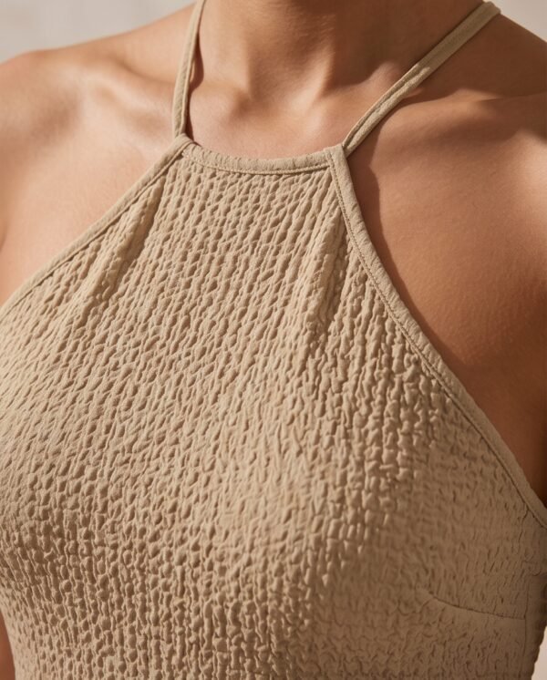 Beige Halter Knit Midi Dress with Tassel Hem