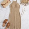 Beige Halter Knit Midi Dress with Tassel Hem