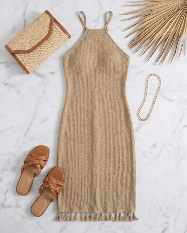 Beige Halter Knit Midi Dress with Tassel Hem