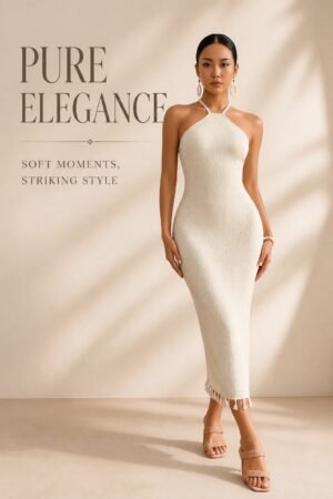 Ivory Textured Halter Midi Dress with Tassel Hem