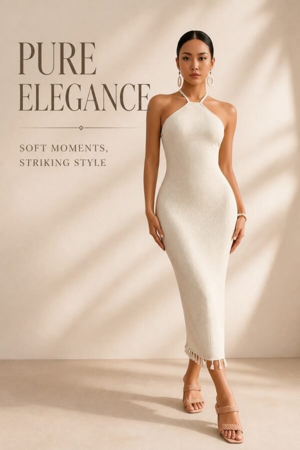 Ivory Textured Halter Midi Dress with Tassel Hem