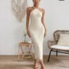 Ivory Textured Halter Midi Dress with Tassel Hem