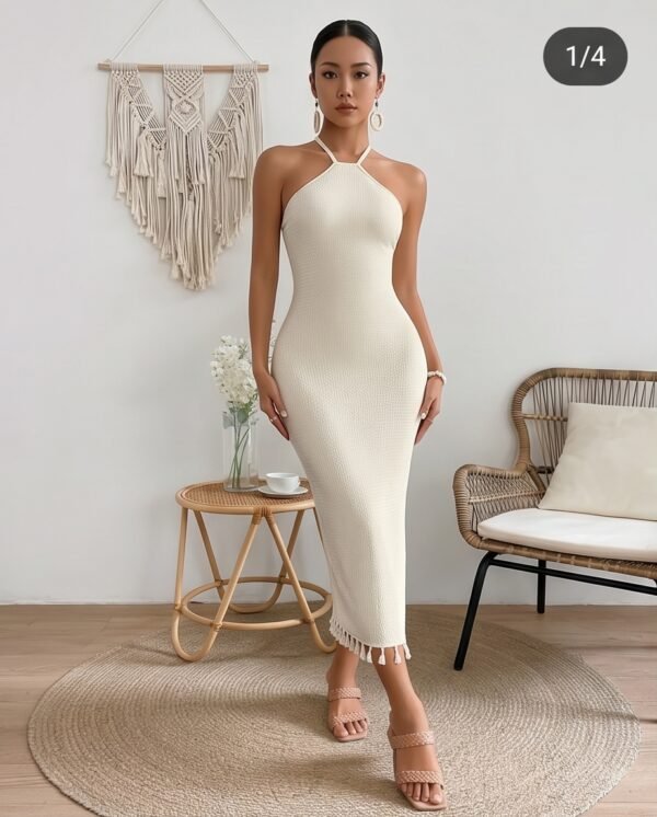 Ivory Textured Halter Midi Dress with Tassel Hem