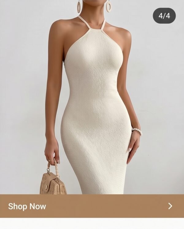 Ivory Textured Halter Midi Dress with Tassel Hem