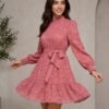 Dusty Rose Textured Puff-Sleeve Tie-Waist Mini Dress