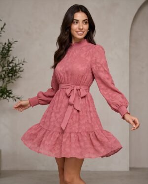 Dusty Rose Textured Puff-Sleeve Tie-Waist Mini Dress