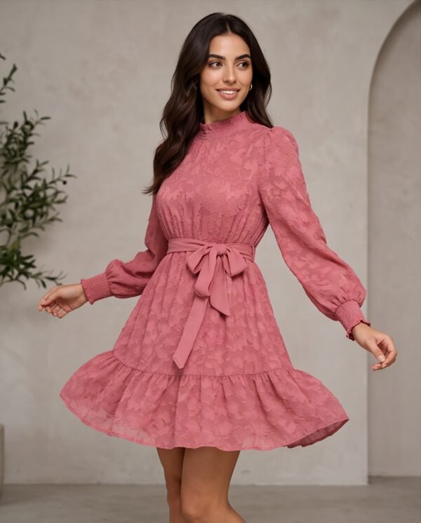 Dusty Rose Textured Puff-Sleeve Tie-Waist Mini Dress