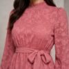 Dusty Rose Textured Puff-Sleeve Tie-Waist Mini Dress