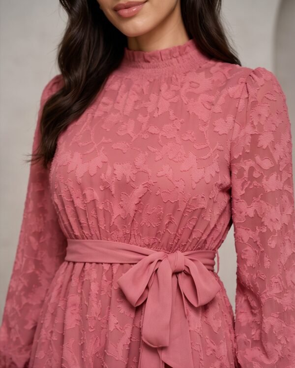 Dusty Rose Textured Puff-Sleeve Tie-Waist Mini Dress