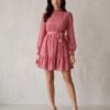 Dusty Rose Textured Puff-Sleeve Tie-Waist Mini Dress