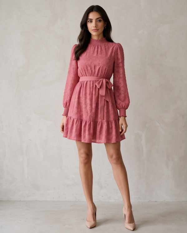 Dusty Rose Textured Puff-Sleeve Tie-Waist Mini Dress