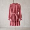 Dusty Rose Textured Puff-Sleeve Tie-Waist Mini Dress