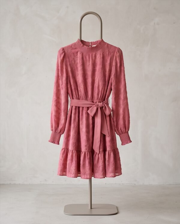 Dusty Rose Textured Puff-Sleeve Tie-Waist Mini Dress
